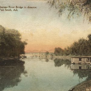 House boat on river with steel arch bridge in the distance and text on post card