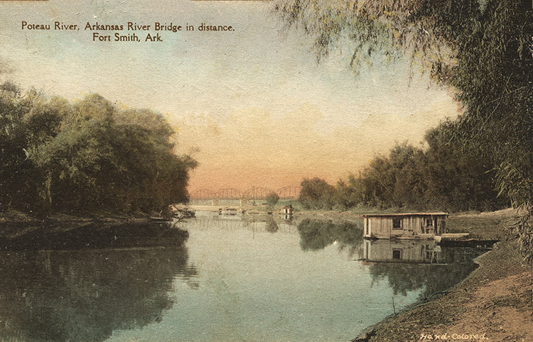 House boat on river with steel arch bridge in the distance and text on post card