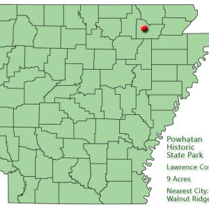 Arkansas map with red dot in Lawrence County and explanation in green text