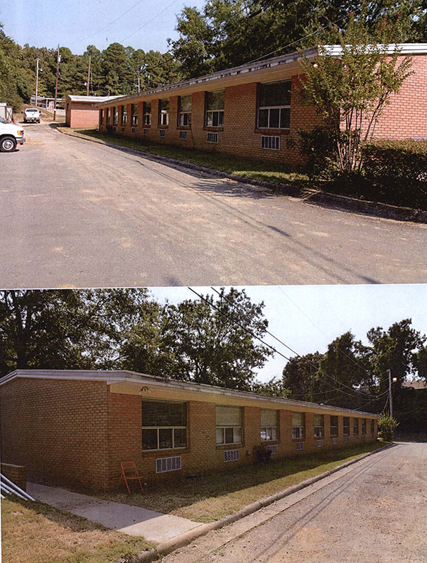 Two photographs of single-story brick residential buildings on paved parking lot