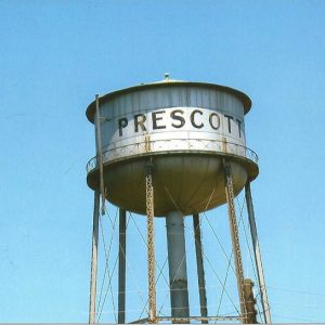 "Prescott" water tower with blue skies