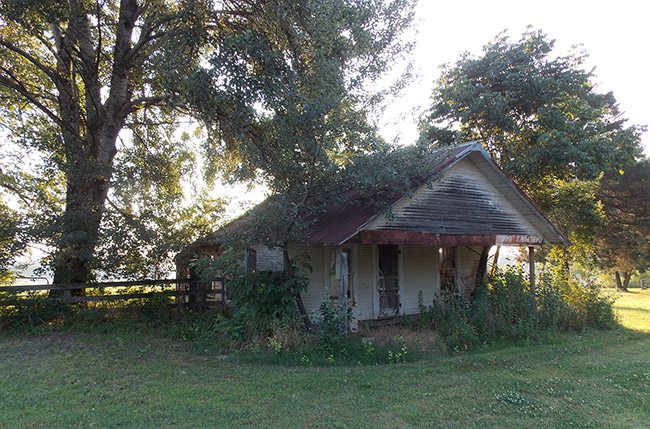 Overgrown abandoned house with covered porch