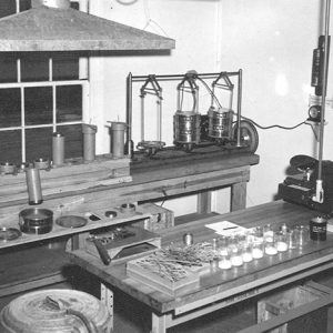 Laboratory equipment arranged on bench