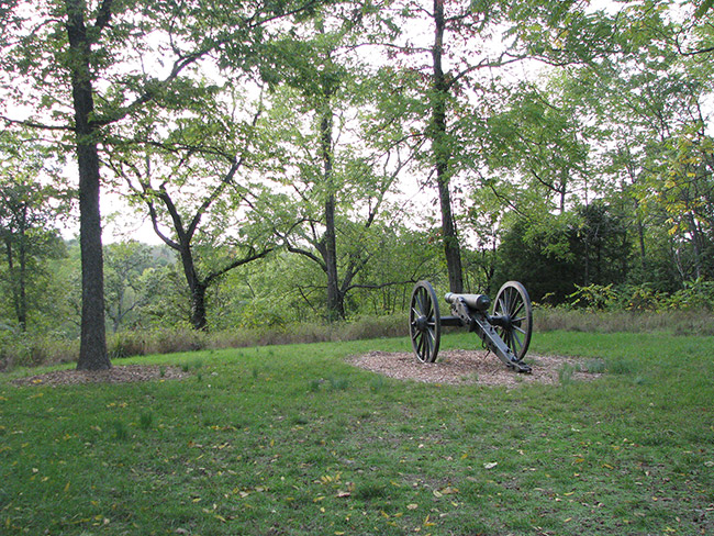 Cannon with wheels on grass surrounded by trees