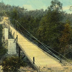 Suspension bridge with concrete supports in forested area