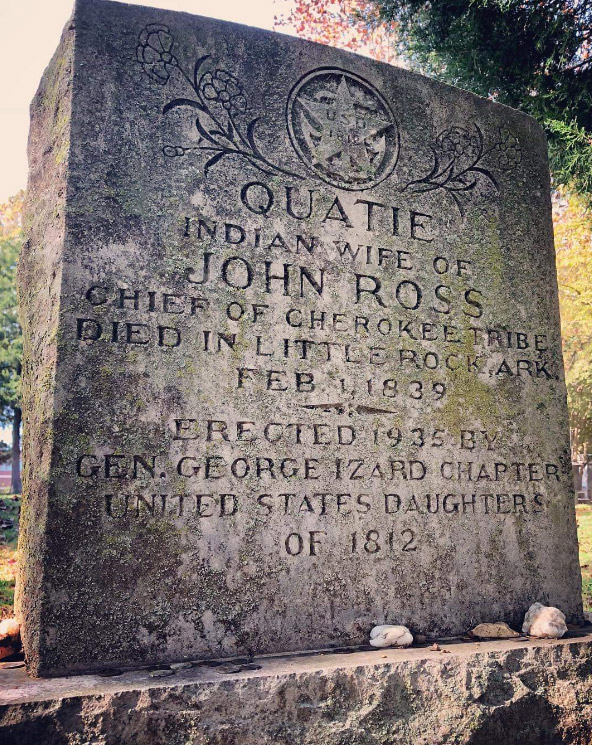 "Quatie Indian wife of John Ross Chief of Cherokee Tribe" engraved tombstone with star symbol