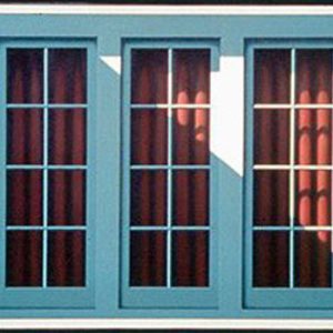 Painting five vertical windows with interior curtains and diagonal cast shadow dividing composition
