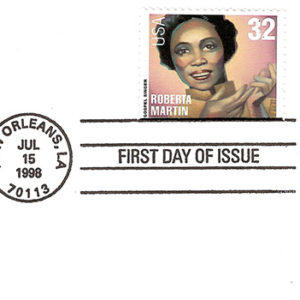 "Gospel Singers" letterhead on envelope with African-American woman singing and Roberta Martin thirty-two-cent stamp