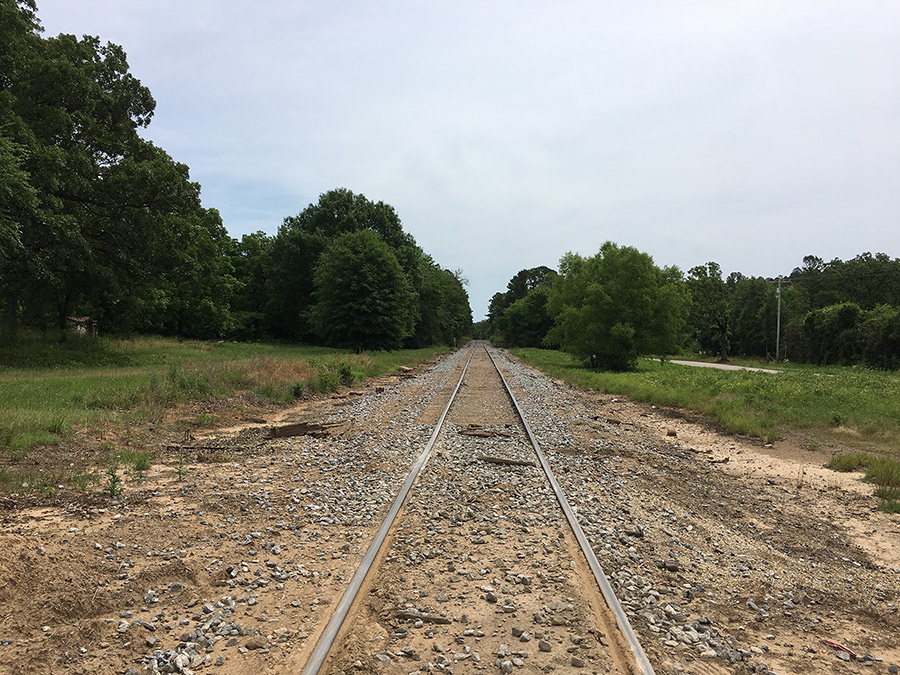 Railroad tracks on gravel with trees on both sides