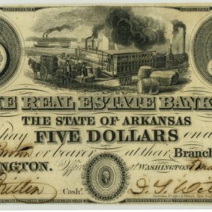 Five dollar note with industrial artwork state seal and white soldier on horseback drawn on it