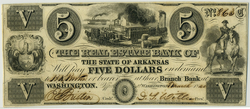 Five dollar note with industrial artwork state seal and white soldier on horseback drawn on it
