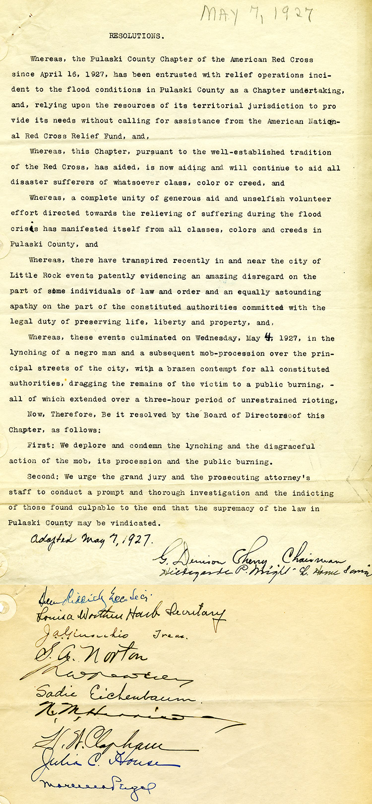 "Resolutions" typed document dated May 7 1927