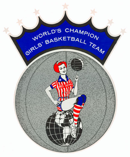 Blue crown with "World's Champion Girls' Basketball Team" above a round ball with woman in red, white, and blue uniform on it twirling a basketball and sitting on a globe