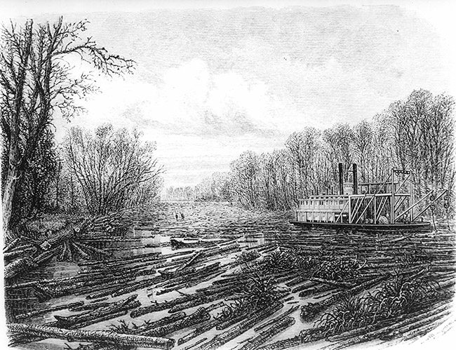 Logs and steamboat floating on a river