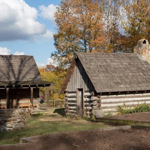 Log cabin with covered porch next to log cabin with open gable roof and stone well