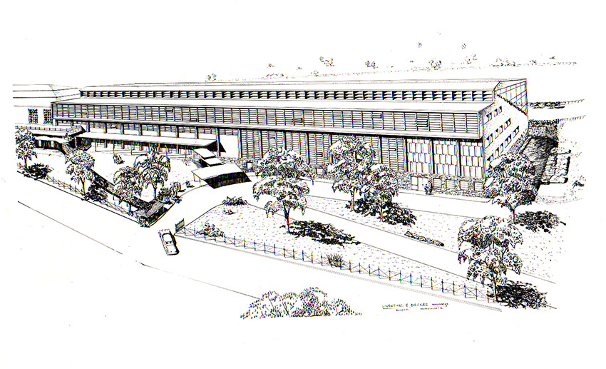 Black and white line drawing of building