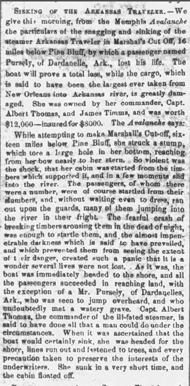"Sinking of the Arkansas Traveler" newspaper clipping