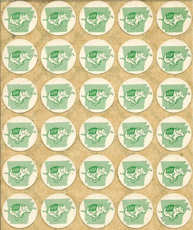 Rows of round stickers with green Arkansas shape and "G.O.P." elephants on them