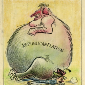 Overweight elephant with red trunk crushing Uncle Sam