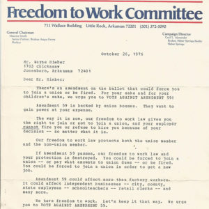 Typed letter on "Freedom to Work Committee" letterhead