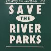 Cartoon dogs and children on green "Save the River Parks" poster with white text