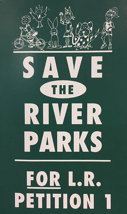Cartoon dogs and children on green "Save the River Parks" poster with white text
