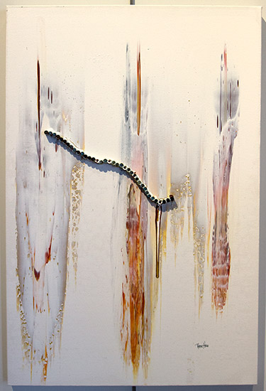 Abstract painting with string of brass beads on it