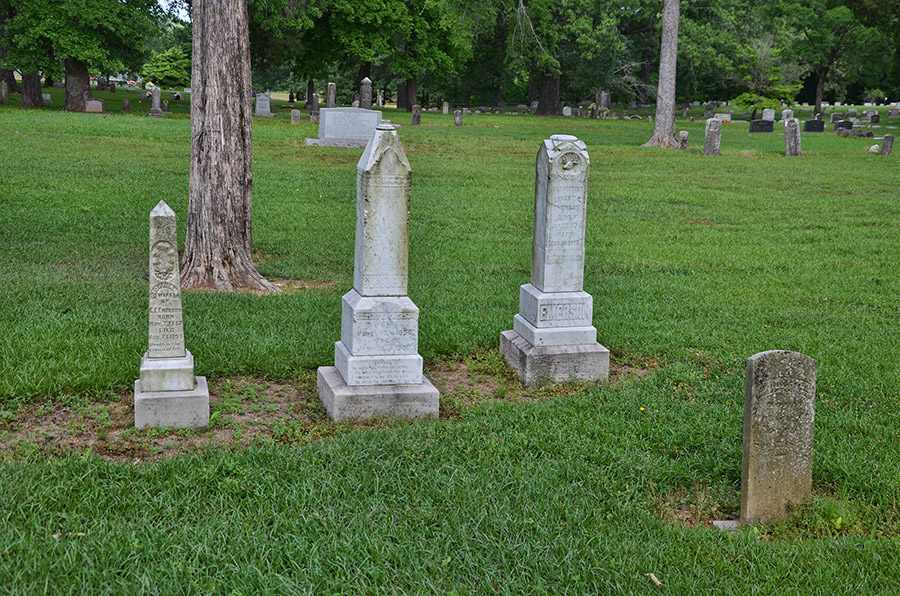 Obelisk shaped monuments and tree in cemetery
