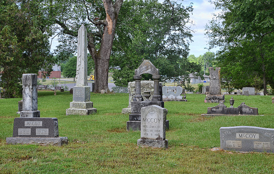 "McCoy" monuments and "Keith" obelisk in cemetery