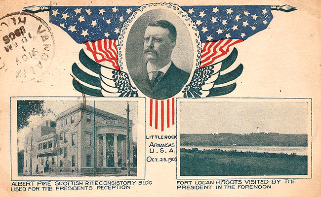 postcard showing three-story Masonic building, white man in mustache and glasses and suit surrounded by American flags, and fort with river