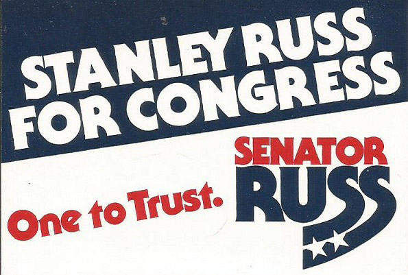 "Stanley Russ for Congress" card with red white and blue text