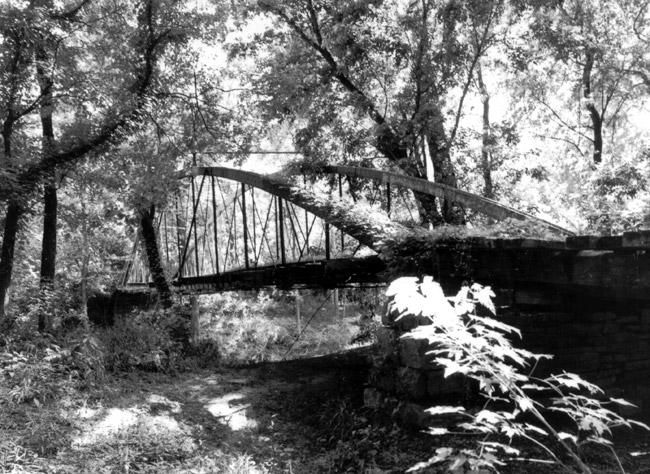 Arched bridge on stone foundation covered in vines over dry creek in forest