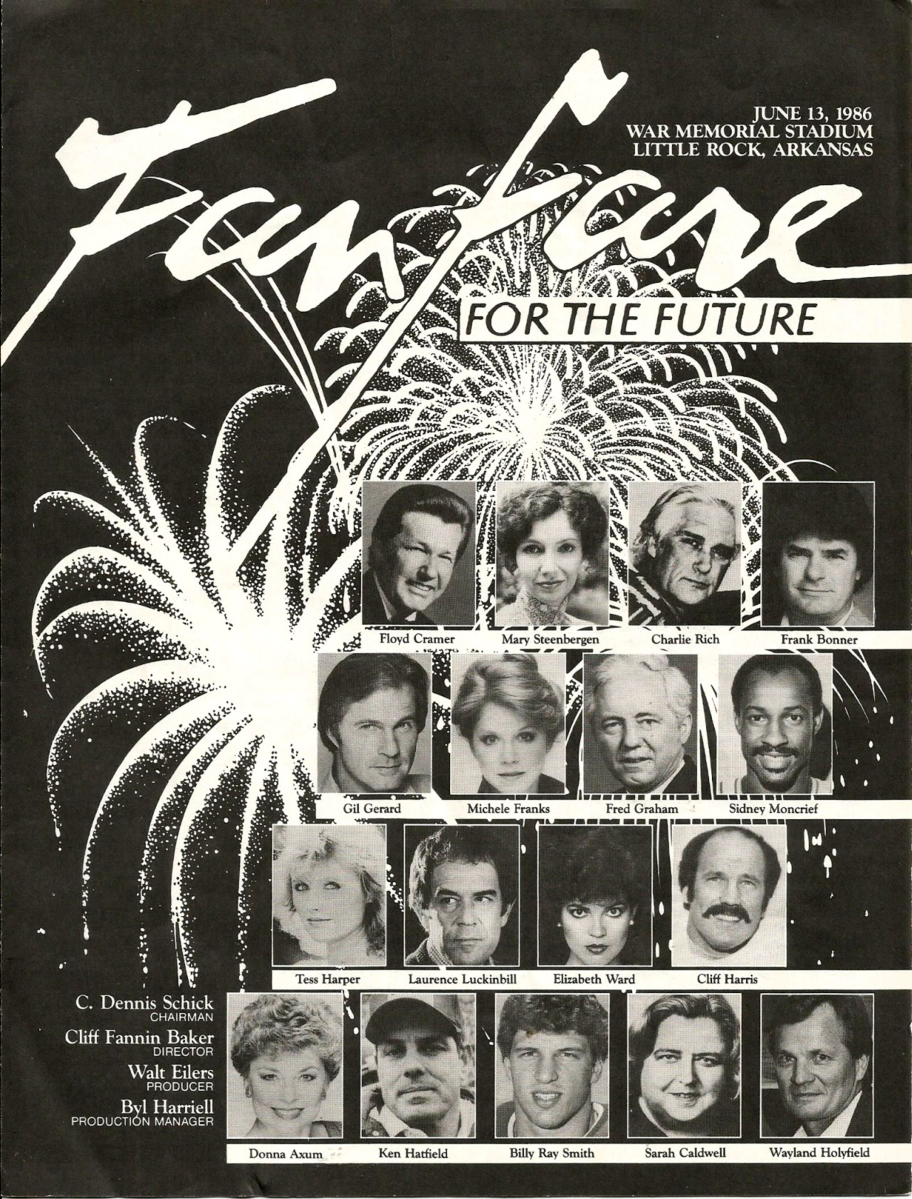 headshots of men and women with names below them on black and white "Fanfare for the Future" program cover