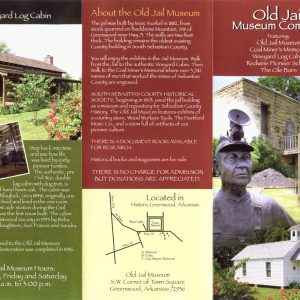 Brochure featuring log cabin, two-story stone building, map, wooden white church, and text boxes