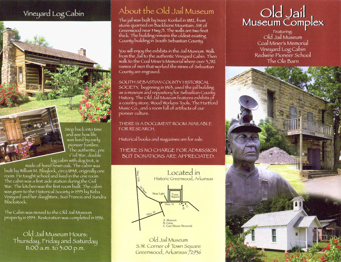 Brochure featuring log cabin, two-story stone building, map, wooden white church, and text boxes