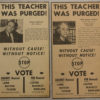 White man in suit and white woman in "This teacher was purged" newspaper advertisements