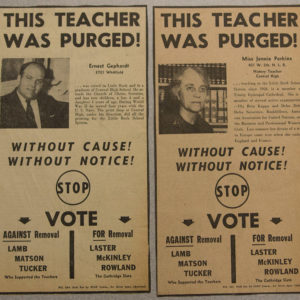 White man in suit and white woman in "This teacher was purged" newspaper advertisements