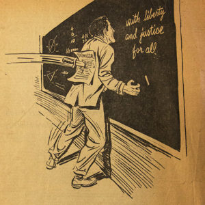 Cartoon of white man in suit at chalkboard writing "with liberty and justice for all" with a dismissal notice stuck to his back with a knife