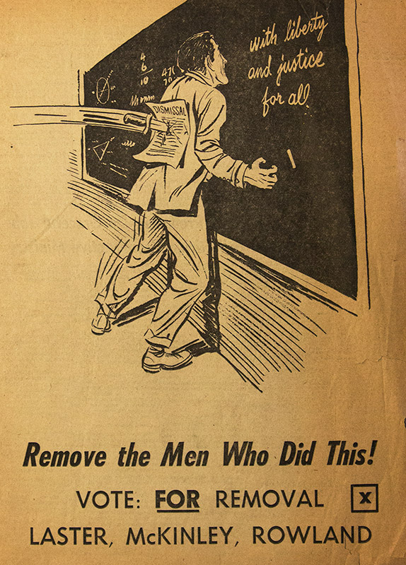 Cartoon of white man in suit at chalkboard writing "with liberty and justice for all" with a dismissal notice stuck to his back with a knife