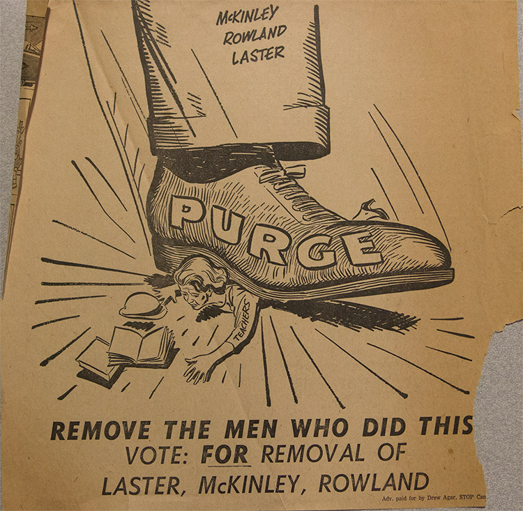 Cartoon boot with the word "purge" written on it crushing white woman with the word "teachers" written on her arm above text saying "remove the men who did this"