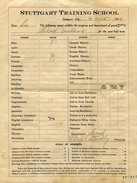 Multi-subject report card or "Fred Wilcox" dated April 15 1910