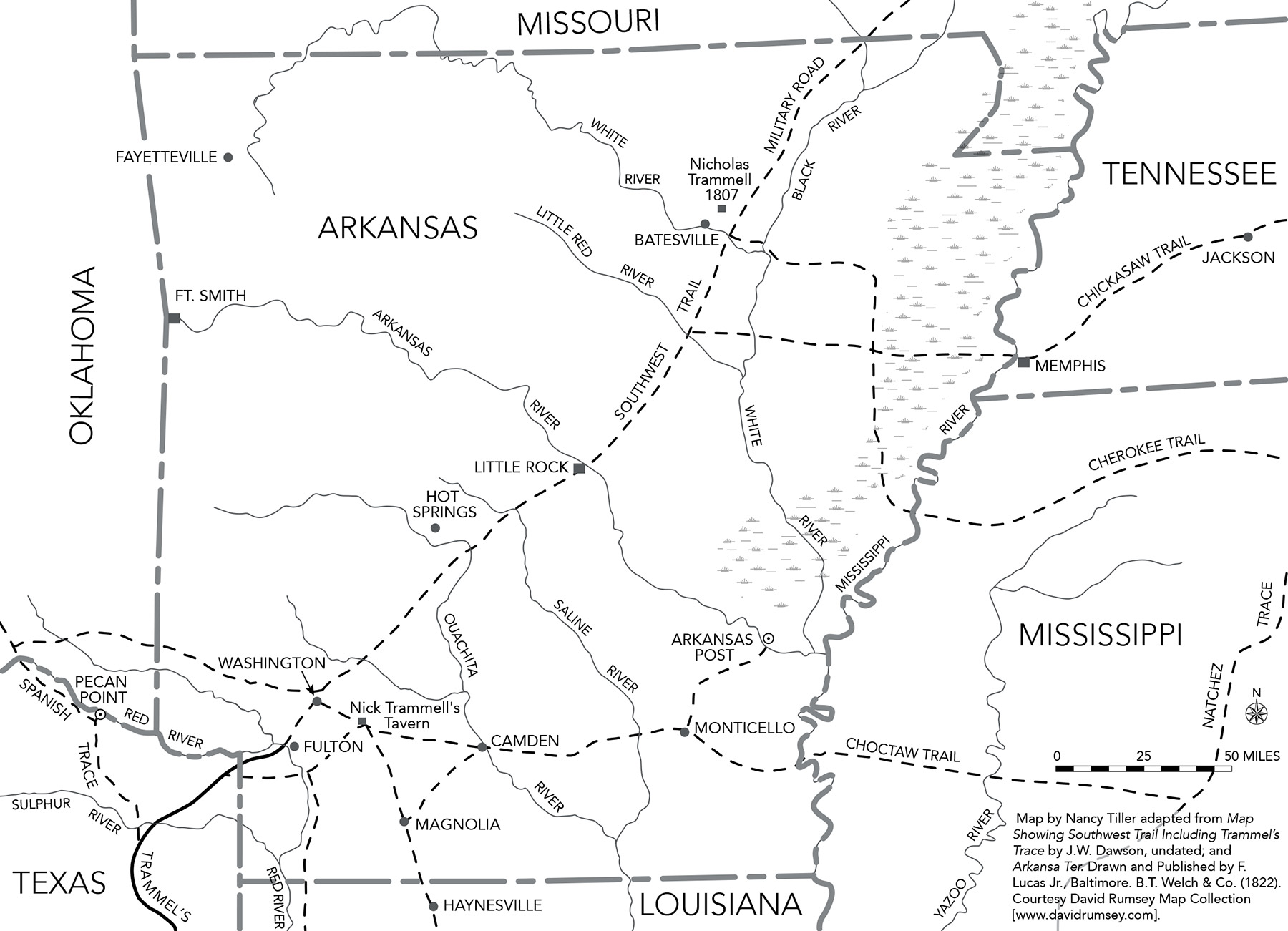 Political map of Arkansas and neighboring states showing historical trail routes with dotted lines