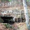 Cave opening in hill side covered in trees and fall leaves
