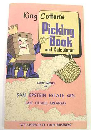 Cartoon of cotton bale with face dressed like a king and basket of cotton on pink book cover