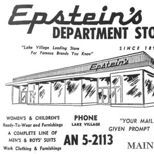 black-and-white drawing of single-story store building with "Epstein's department store" text