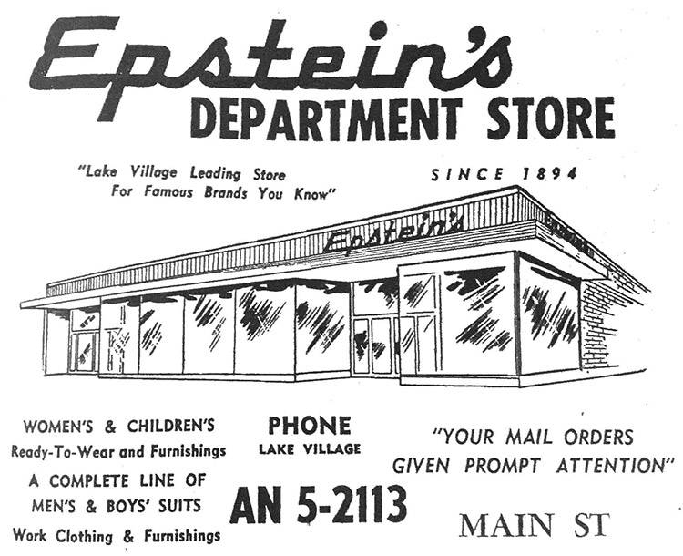 black-and-white drawing of single-story store building with "Epstein's department store" text