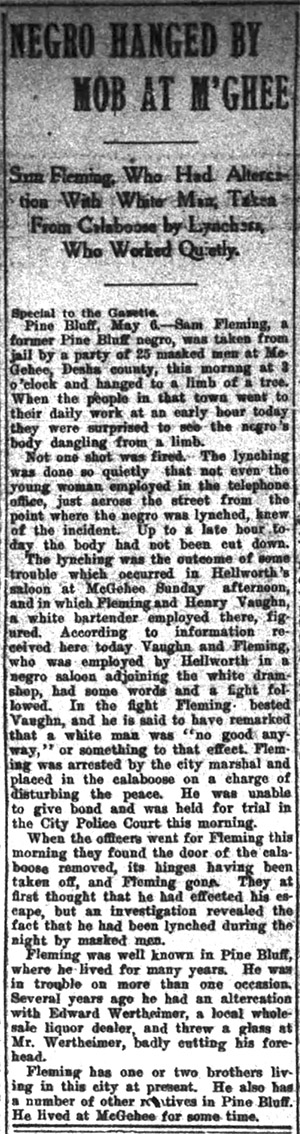"Negro hanged by mob at M'Ghee" newspaper clipping