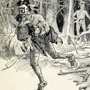 Native American man carrying white children while several Native American men run in the other direction