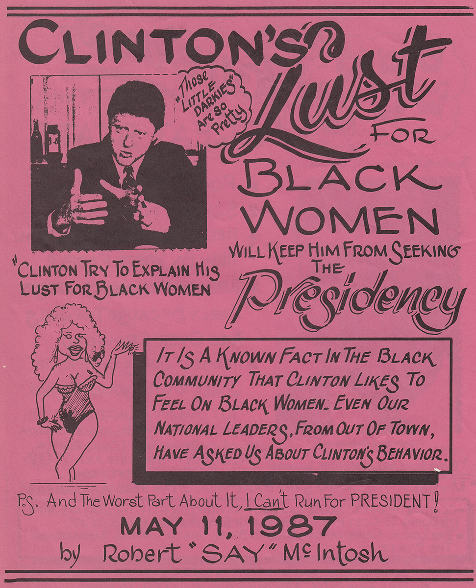 Pink flyer titled "Clinton's lust for black women will keep him from seeking the presidency"