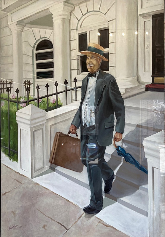 African-American man in suit and hat leaving building